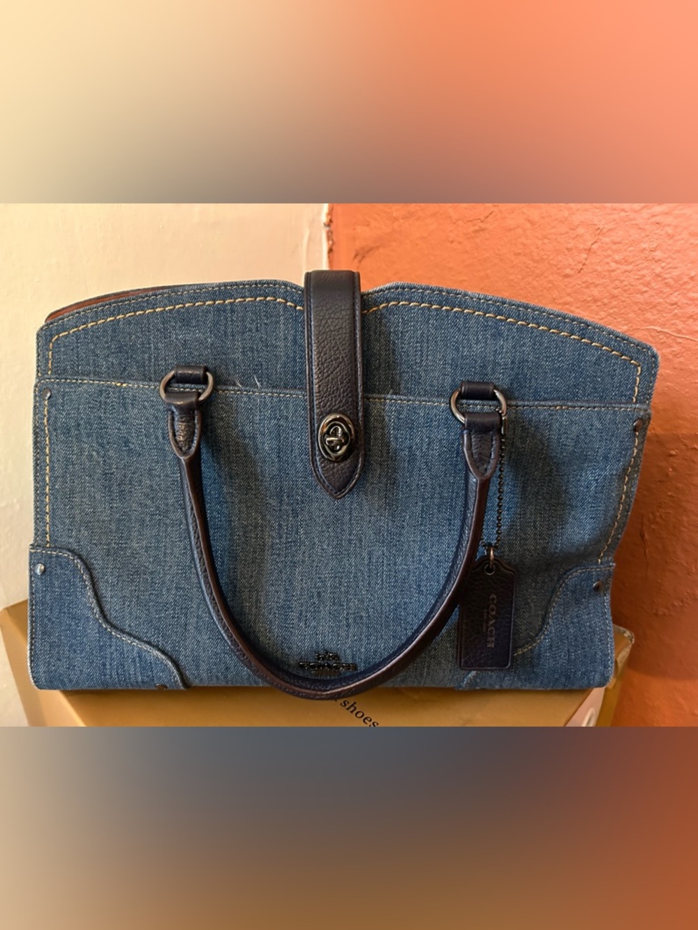 Coach Mercer 30 Blue Denim and leather satchel with crossbody strap GORGEOUS